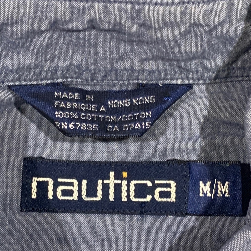 Vintage Nautica Mens Medium Blue Short Sleeve Button Down Denim Shirt Cotton